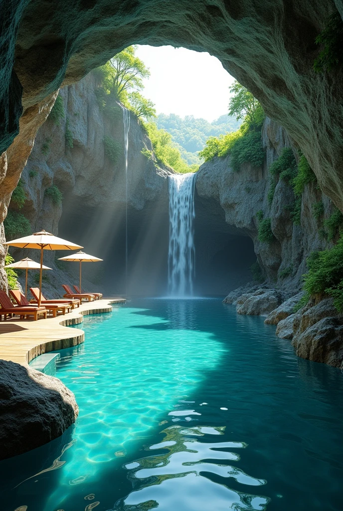 The image shows a beautiful outdoor swimming pool in the middle of a cave. The pool is surrounded by a rocky cliff with a waterfall cascading down the side. On the left side of the pool, there is a wooden deck with lounge chairs and umbrellas, providing a perfect spot to relax and enjoy the view. The water is a deep turquoise color and the rocks are covered in greenery. The overall atmosphere of the image is peaceful and serene.