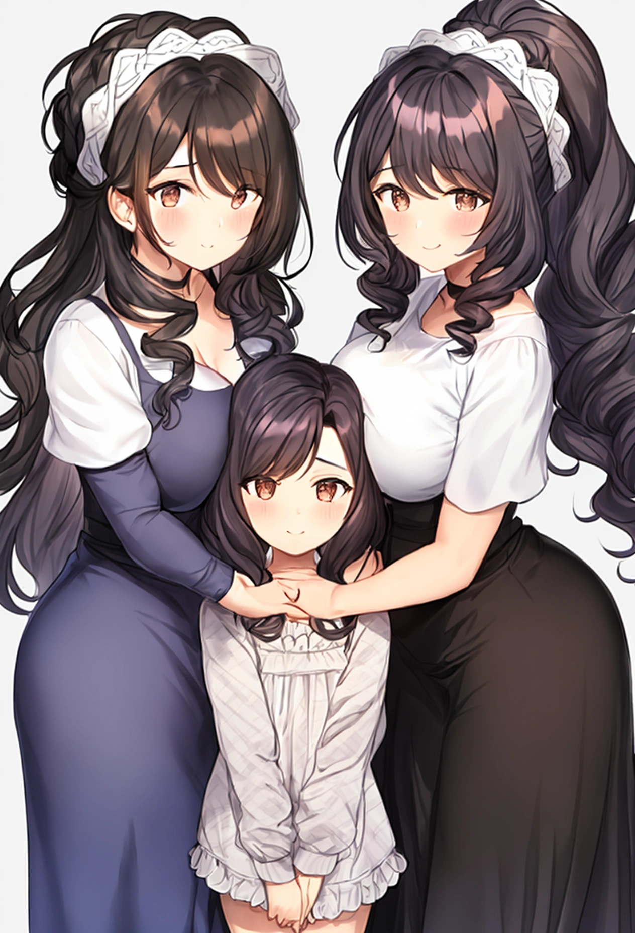 A black-haired Mexican woman with two curly-haired daughters