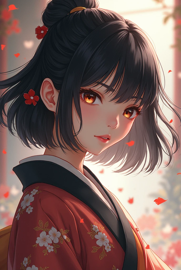 Girl in Japanese Clothes、Black Hair、Shoulder-length hair、Hanging eyes、Touken Ranbu、