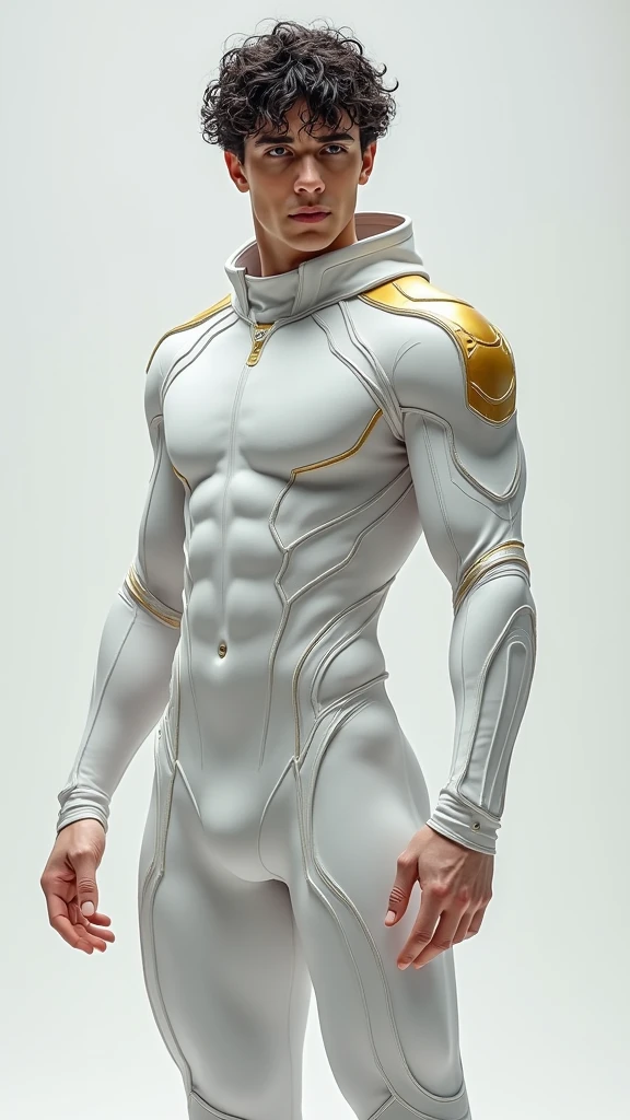 Short curly hair men, White skin, Gray eyes, Well-defined、Athletic body type, White sci-fi costume with gold details, Expectations, confident,