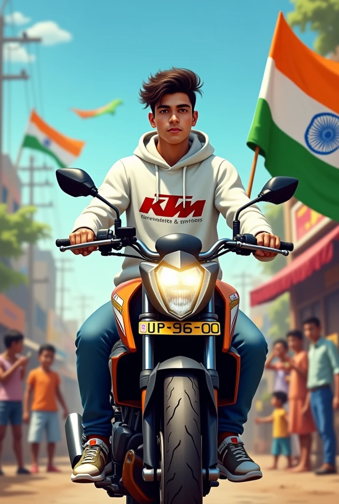 realistic Indian 18 year old boy sitting KTM bike Number UP_96_00 Holding Indian flag and celebrating India festival happy independence day with background of blue sky in Indian Street and boy wearing white hoodie with name”Saurabh’ style hair on it by the way childrens are holding Indian flag playinga round, some children also playing, and someuncles drinking tea at a shop. also a text written “Happy independence day”at top, 3D art painting real photowith high