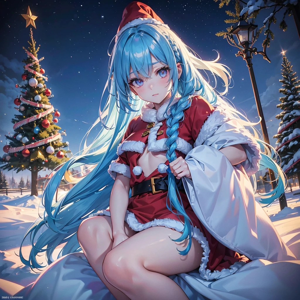 (Sky Blue Hair),(Braided Hair),(Pink Eyes),(Fair Skin),(Full Body),(Alone),(Santa Claus Clothes),(Giant Christmas Tree in the Background),(Snowy Night),Sparkling Night Sky,(Masterpiece, Top Quality, Very Detailed, Best Shadows),(Detailed Background),(Beautifully Detailed Face),High Contrast,(Best Lighting, Very Delicate and Beautiful),((Cinematic Light)),Hyper Detail,8k,Dramatic Light,Exquisite Detail,