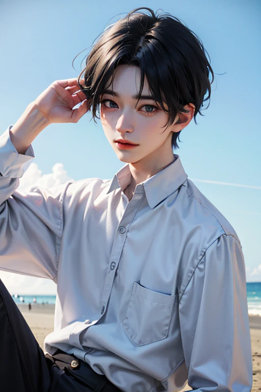 blue hair, White skin, 18 years old, super detail, masterpiece, 8k, 1 boy, korean, amazing, Idol appearance, high quality, Refreshing, high quality, Idol hair, white shirt, black pants, Beautiful androgynous man, boy, A delicate and positive man, Refreshing, summer, sky blue background, clear, Natural lighting, Fujifilm, Make your eyes look more natural