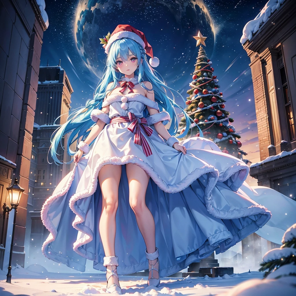 (Sky Blue Hair),(Braided Hair),(Pink Eyes),(Fair Skin),(Full Body),(Alone),(Santa Claus Clothes),(Giant Christmas Tree in the Background),(Snowy Night),Sparkling Night Sky,(Masterpiece, Top Quality, Very Detailed, Best Shadows),(Detailed Background),(Beautifully Detailed Face),High Contrast,(Best Lighting, Very Delicate and Beautiful),((Cinematic Light)),Hyper Detail,8k,Dramatic Light,Exquisite Detail,