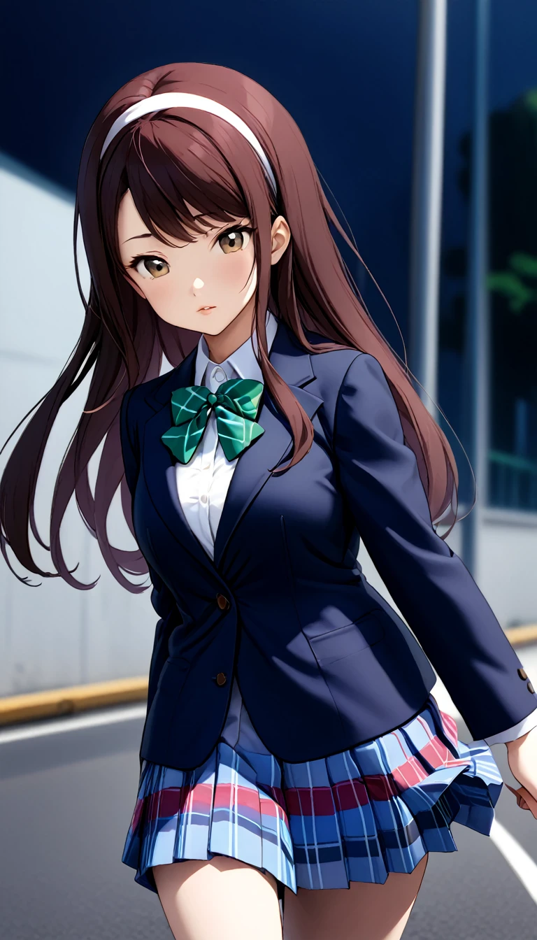 masterpiece, best quality, highres,(((pixel-perfect, detail-perfect))), solo, 1girl, kanon shibuya,1girl, hairband, long hair, 1girl, solo, otonokizaka school winter uniform,blue blazer,buttoned blazer, red striped bow tie, blue striped pleated skirt,thigh ,from front, on school commute,walking ,arms behind