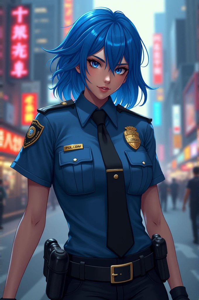 Blue haired police officer