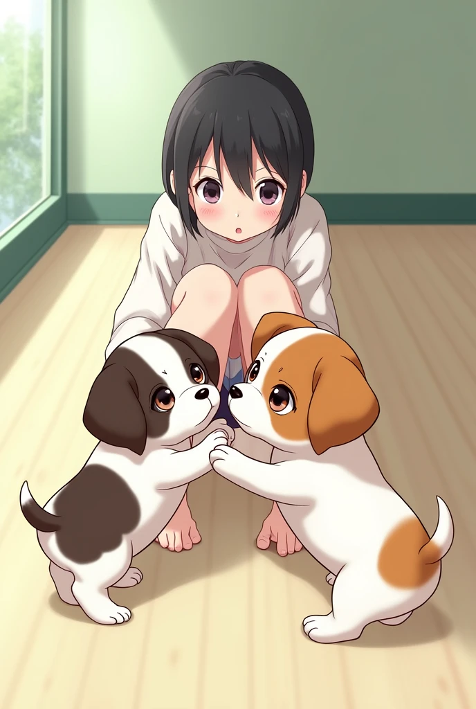 They are two dogs, one of them is 1 and a half ., fur: The puppy has a short, two-colored coat.: mainly brown with white , especially on the head and legs. eyes: Sus ojos son de Size mediano, dark and round. ears: He has big, pointed ears., body: Parece ser un perro de Size mediano, with a slender body and thin legs. cola: Its tail is long and thin., 

Y el otro 2 meses de vida de fur: Color: Predominantly white with brown markings. The black spots are concentrated mainly on the head., including the ears and the top of the snout. There are also black spots on the back and base of the tail.. texture: The coat appears to be short and smooth.. eyes: Color: Dark brown. form: Tienen una forma almendrada y parecen ser de Size pequeño. ears: Size:  son de Size mediano y tienen una forma triangular. Size: un perro de Size pequeño.
form: His body is slim and proportionate, with a moderately broad chest. paws: The legs are thin. cola: The tail is of medium length and tapers towards the tip., 

together with me, 21 year old woman, light brown skin color, small black hair, 

that it be style like anime photo