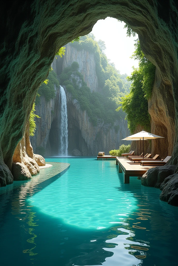 The image shows a beautiful outdoor swimming pool in the middle of a cave. The pool is surrounded by a rocky cliff with a waterfall cascading down the side. On the left side of the pool, there is a wooden deck with lounge chairs and umbrellas, providing a perfect spot to relax and enjoy the view. The water is a deep turquoise color and the rocks are covered in greenery. The overall atmosphere of the image is peaceful and serene.