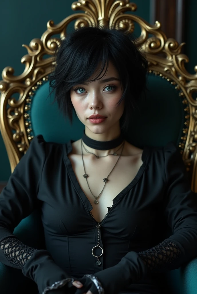 (best quality,highres),young woman,short black messy hair,blue eyes,ironic smile,sit relaxed on throne,badass,dark atmosphere,fantasy queen clothes