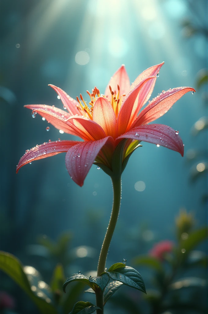 A single flower of fantasy world on which a few drop is falling on which a ray of sunlight is sparkling 