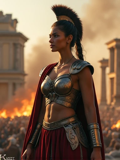 a gorgeous 23-year-old Spartan warrior woman,extremely detailed face and body,beautiful detailed eyes,beautiful detailed lips,longeyelashes,intricate armor,sword in hand,greek city in flames,pillaging and destruction,dramatic lighting,cinematic composition,ultra-realistic,8k,highres,masterpiece,photo-realistic