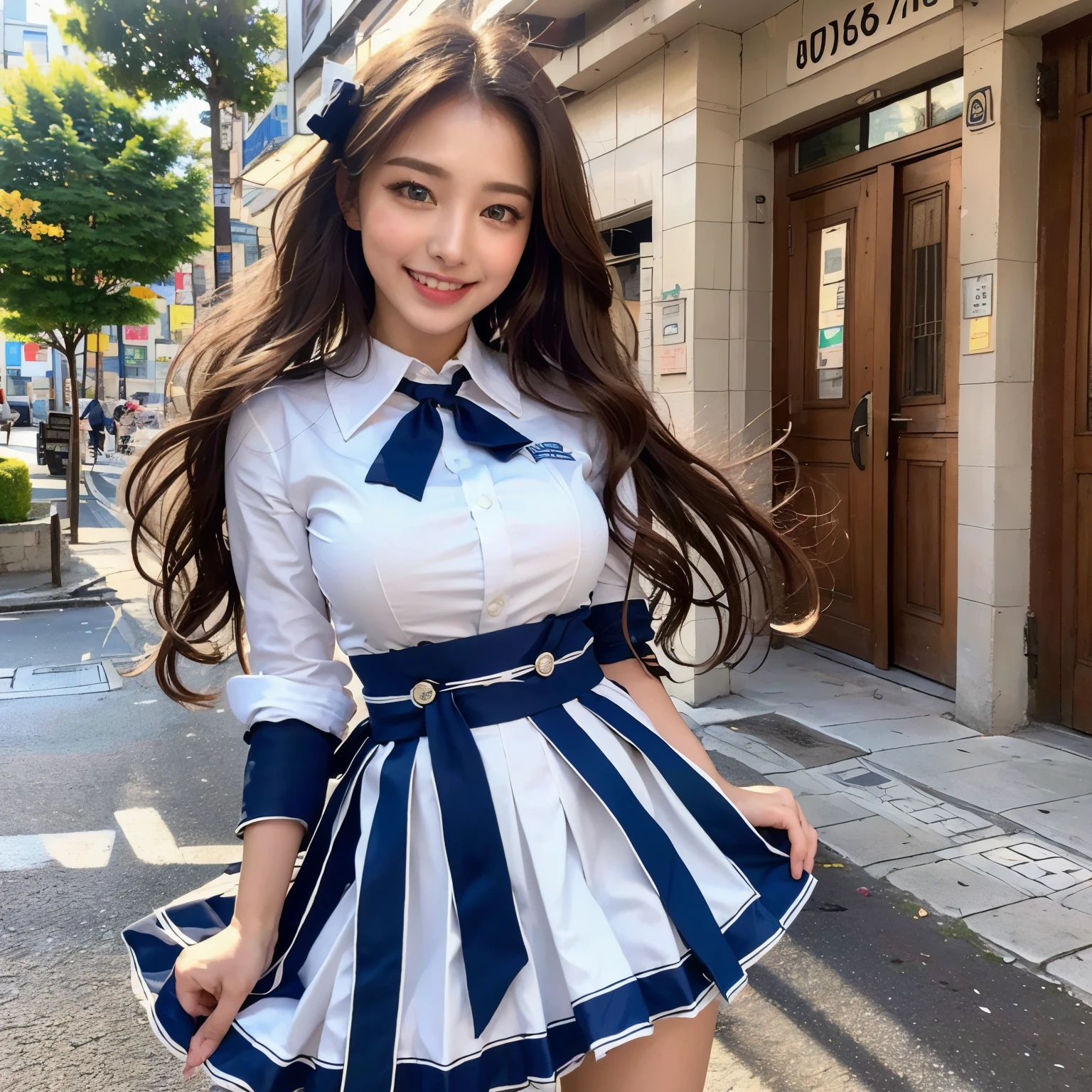 ASCIIHighest quality, Ultra-high resolution, (Realistic: 1.4), one girl, (Urzan-6500:1.0), K-POPアイドル, Highest quality (Brown wavy hair: 1.1), (blonde, Shiny wavy hair, smile, girl, 1 , beautiful blue eyes), (cute: 1.16), (very delicate and beautiful), beautiful, colorful, (hair ornaments: 1.3), (White Uniform: 1.2), (Outdoor), (School building: 1.2), Cityscape, (light smile: 1.2), (insanely cute and beautiful ), Shadows in the movies, (Dynamic Angle), (Sharp contours),, cute, cute, ((())), (Blue pleated skirt), (Blue Ribbon), ((Shining Eyes)), Shiny Hair, Shiny Hair, Big Breasts, Upper Body