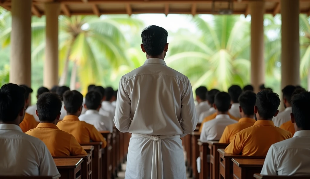 Back view of a teacher teaching in class with lots of male students in kerala 
