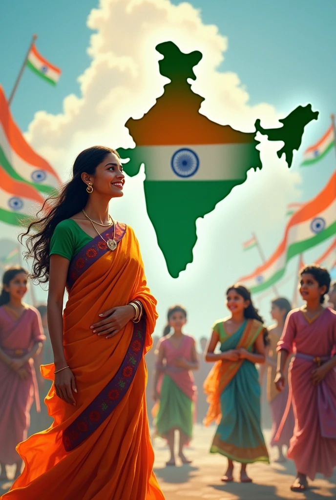 Indian map with a beautiful lady in saree and celebrate children independence day 