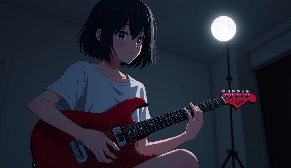Red Electric Guitar,The pickguard is also red,A girl playing,19 years old,Bluish black hair,Dark Room,Inside the room,Gentle moonlight,Heavy round bob hair,Plain white T-shirt,Anime Style, Shooting from an oblique angle,High resolution, Anti-aliasing