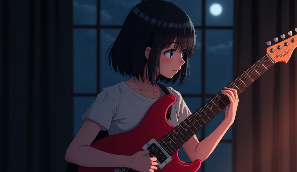 Red Electric Guitar,The pickguard is also red,A girl playing,19 years old,Bluish black hair,Dark Room,Inside the room,Gentle moonlight,Heavy round bob hair,Plain white T-shirt,Anime Style, Shooting from an oblique angle,High resolution, Anti-aliasing