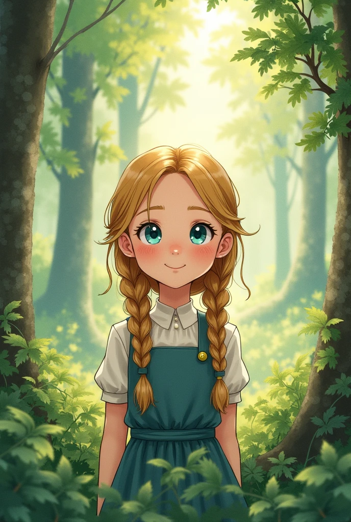 1 girl, About ************,Watercolor Texture,Golden Hair, Blue Eyes,Soft colors, Illustration Anime, Being in the forest,German,middle ages,Front facing,smile,Hairstyle: braids,Girl manga style,