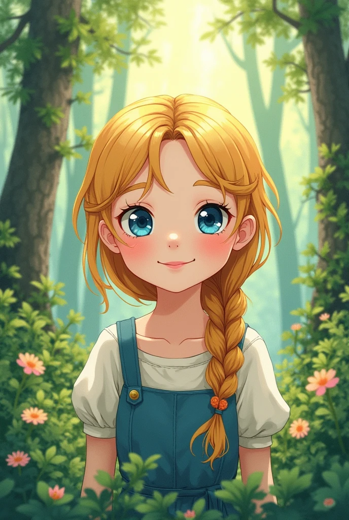 1 girl, About 10 years old,Watercolor Texture,Golden Hair, Blue Eyes,Soft colors, Illustration Anime, Being in the forest,German,middle ages,Front facing,smile,Hairstyle: braids,Girl manga style,