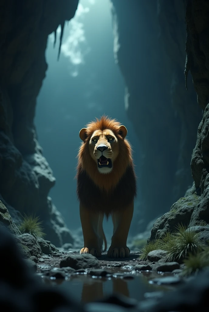 In 3d animation style " Lion appearing frightened by the strange noises and creatures inside the cave.