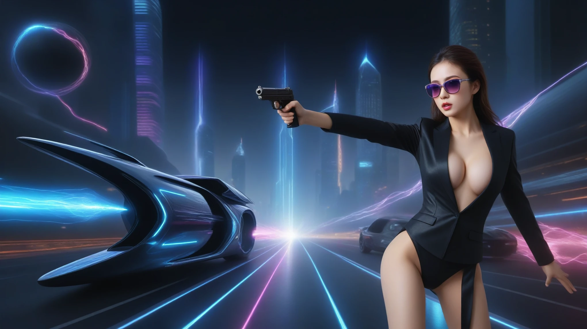 A sexy young slim woman wearing a black suit and dark glasses stood still, (holding a short gun), large-breast cleavage. The background is full of Sparkling, colorful electricity and colorful visual effects, flying cars, sci-fi sparkling-spirit wormhole. Realistic style and high definition Dynamic poses and stunning lighting.