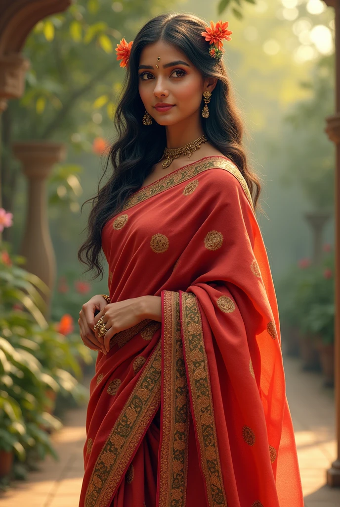A 32 years bangali girl wearing sharee, boobs size 42 and waist 36, skin colour light brown