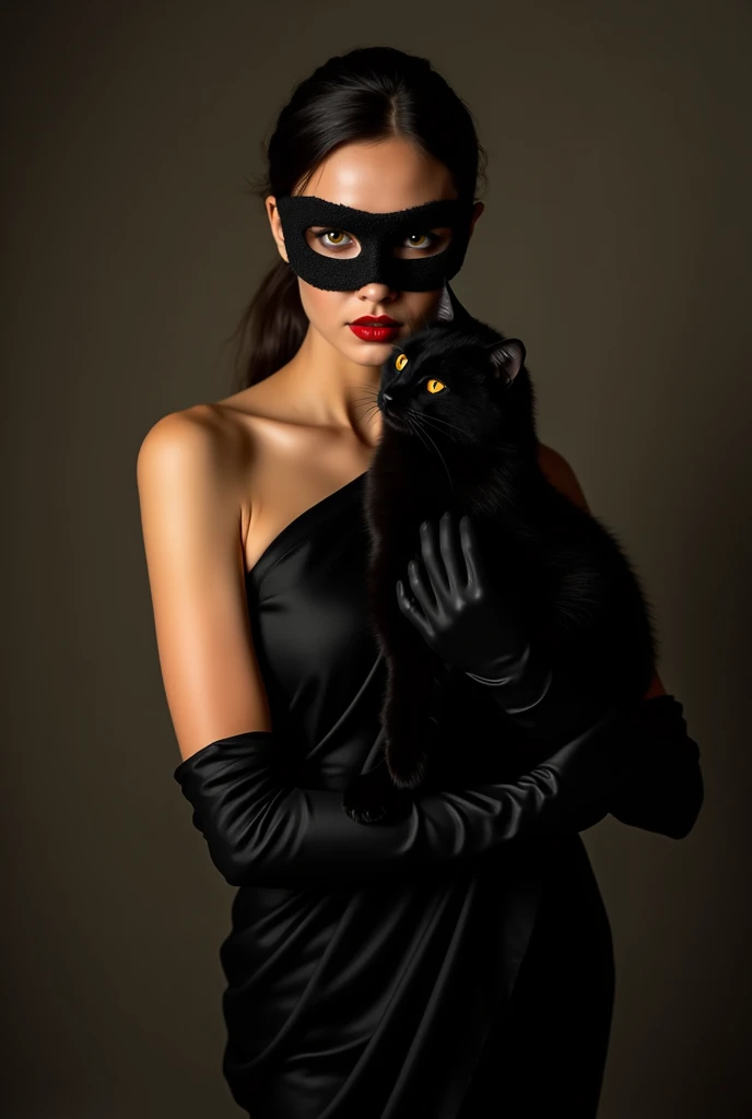 a beautiful girl, in a black saree, high heels, black gloves , wearing  mask , her lips are covered with red lipstick, a cunning smile is on her face,holding black cat on her hands, masterpiece, ultra-detailed, 8k, photorealistic, highly detailed face, extremely detailed eyes and face, sexy atmosphere, dramatic lighting, warm color palette, close up
