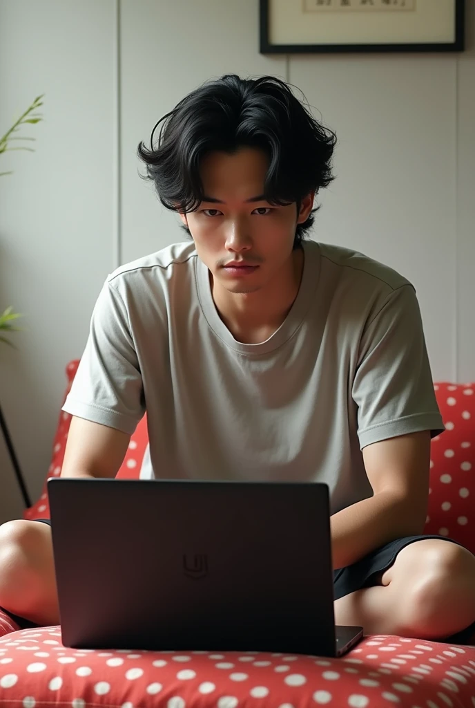 A Japanese man, 180cm tall, with naturally curly hair, wearing black short-sleeved shorts and pants, sitting in front of a black laptop, with a dark double eyelid and a red polka-dot futon nearby, in a Japanese-style room with white flooring