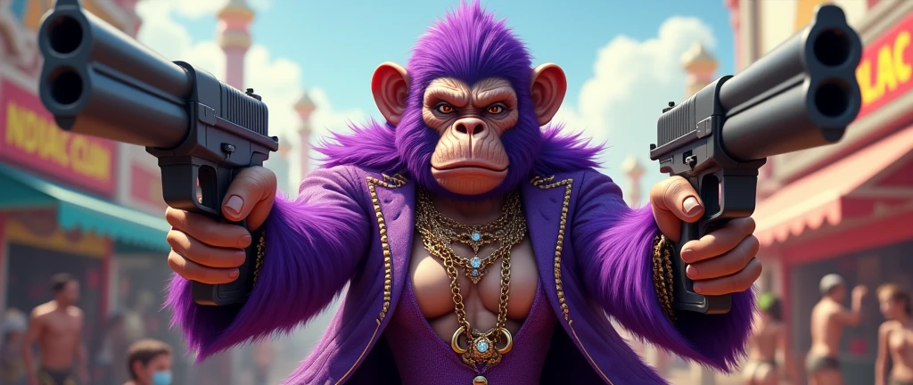 1 simia hembra morada With giant and high-caliber weapons, with gangster SUIT with chains with huge diamond and gold rings y 1 simio morado, With giant and high-caliber weapons, with gangster SUIT with chains, tattooed, with huge diamond and gold rings, smoking with a pipe, at an Indian fair