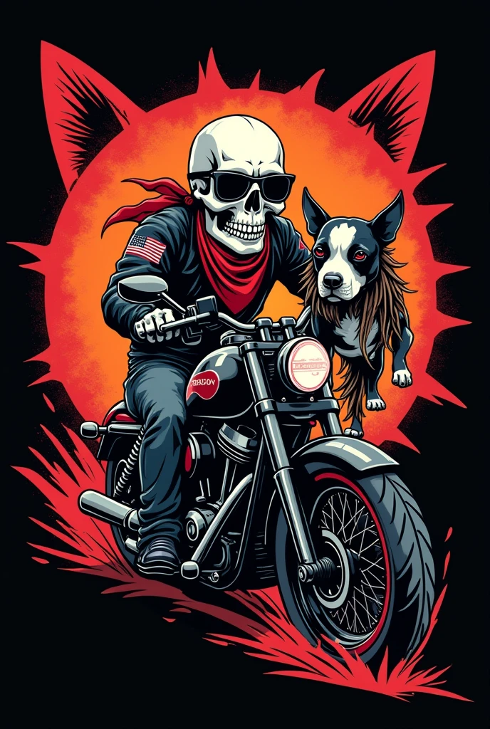 logo cool skull  riding a Harley Davitson motorbike wearing cool glasses , holding leash black white  bull terrier dog wearing red and white bandana dreadlocks hair standing peeing raising hind legs, red white cat splash design, dark retro black background