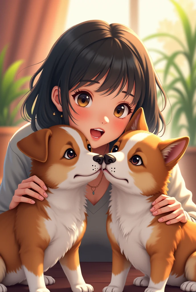 They are two dogs, one of them is 1 and a half years old., fur: The puppy has a short, two-colored coat.: mainly brown with white , especially on the head and legs. eyes: Sus ojos son de Size mediano, dark and round. ears: He has big, pointed ears., body: Parece ser un perro de Size mediano, with a slender body and thin legs. cola: Its tail is long and thin., 

Y el otro 2 meses de vida de fur: Color: Predominantly white with brown markings. The black spots are concentrated mainly on the head., including the ears and the top of the snout. There are also black spots on the back and base of the tail.. texture: The coat appears to be short and smooth.. eyes: Color: Dark brown. form: Tienen una forma almendrada y parecen ser de Size pequeño. ears: Size:  son de Size mediano y tienen una forma triangular. Size: un perro de Size pequeño.
form: His body is slim and proportionate, with a moderately broad chest. paws: The legs are thin. cola: The tail is of medium length and tapers towards the tip., 

together with me, 21 year old woman, light brown skin color, small black hair, 

that it be style like anime photo