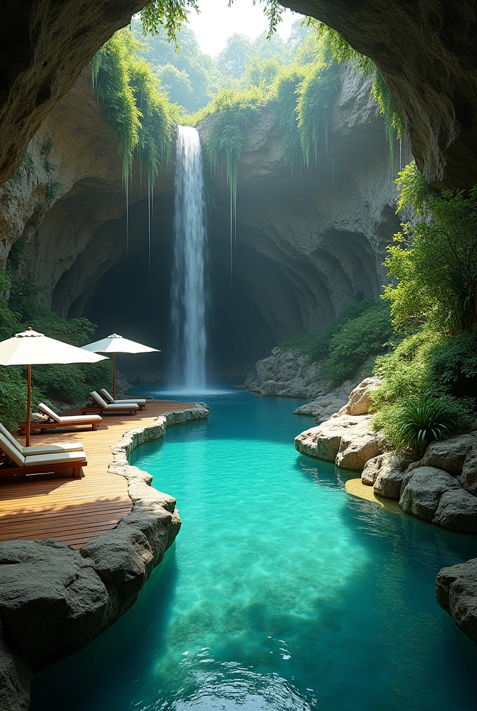 The image shows a beautiful outdoor swimming pool in the middle of a cave. The pool is surrounded by a rocky cliff with a waterfall cascading down the side. On the left side of the pool, there is a wooden deck with lounge chairs and umbrellas, providing a perfect spot to relax and enjoy the view. The water is a deep turquoise color and the rocks are covered in greenery. The overall atmosphere of the image is peaceful and serene.