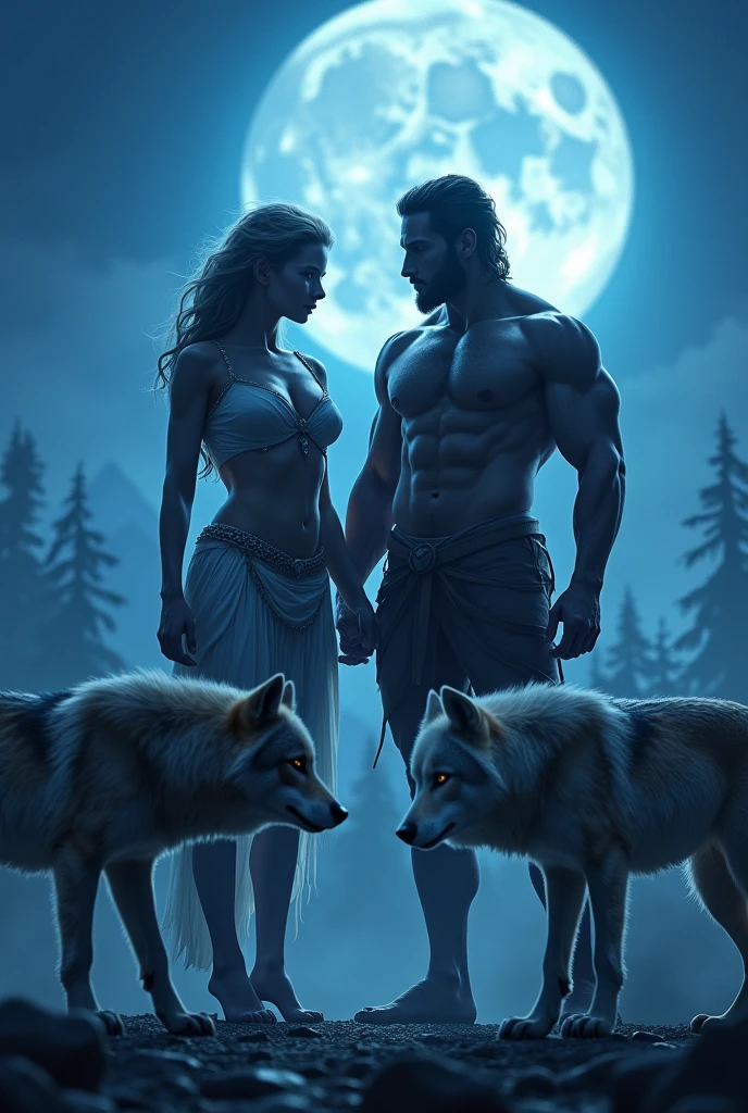 Generate a realistic image of a alpha male and female under a blue moon wit wolf packs in front of them