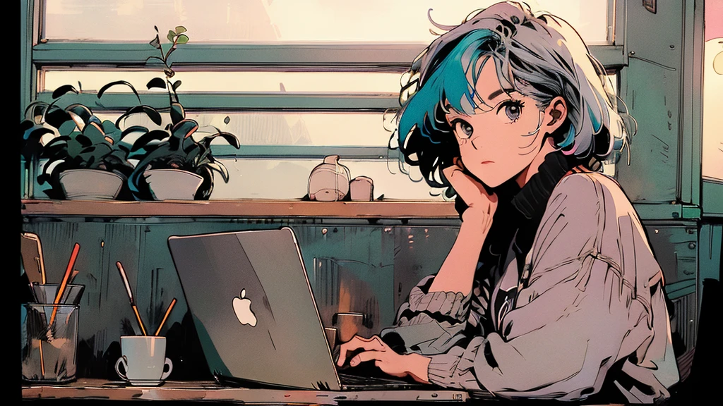 masterpiece, Highest quality, A girl with pastel-colored hair, sitting in a cozy café, with a laptop and coffee, lost in her music. lofi hip hop, solo,