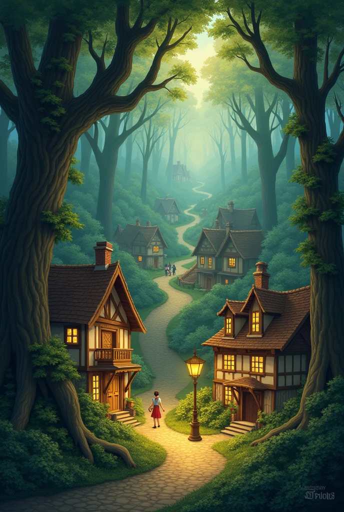 Illustration 1: A charming village surrounded by a dense and mysterious forest. At the bottom, You can see a faint golden light that seems to come from the heart of the forest, hinting at the presence of the Wishing Tree.
