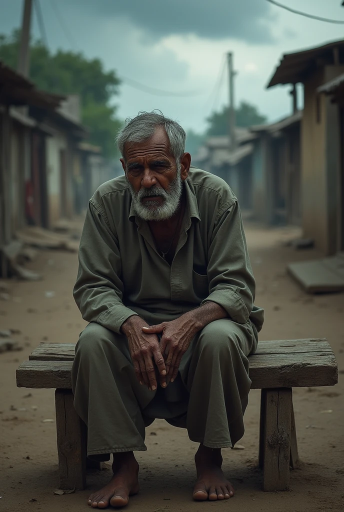 Prompt: A sorrowful, weathered man sits alone on a simple wooden bench in a rural Indian village. The atmosphere is heavy with sadness, with dark clouds overhead and the man’s face reflecting deep pain and suffering.