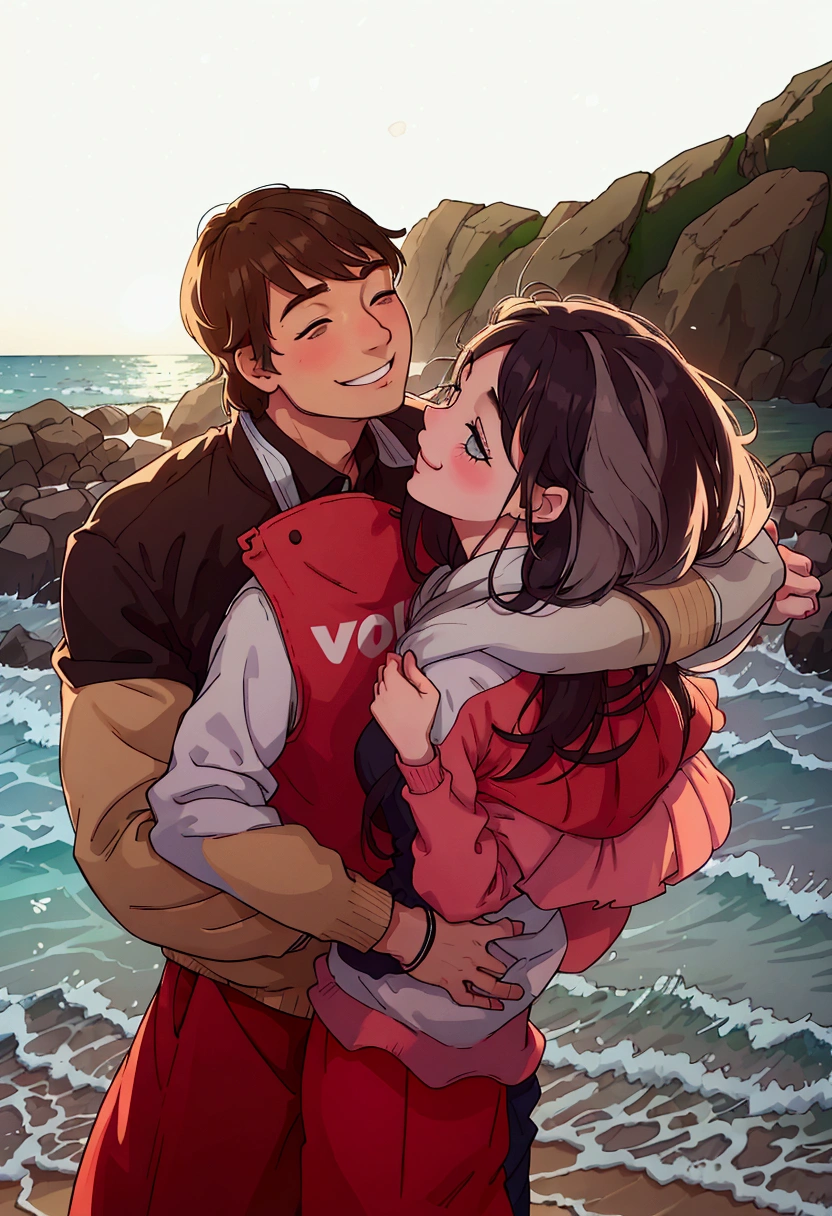 (best quality:0.8) perfect anime illustration, a man and woman hugging each other on a beach, smiling couple, man and woman in love, couple pose, happy couple, lovely couple, by Anna Haifisch, profile pic, by Karl Völker, smiling at each other, by Emma Andijewska, man and woman, romantic couple, by Matija Jama, cute photo, instagram photo
