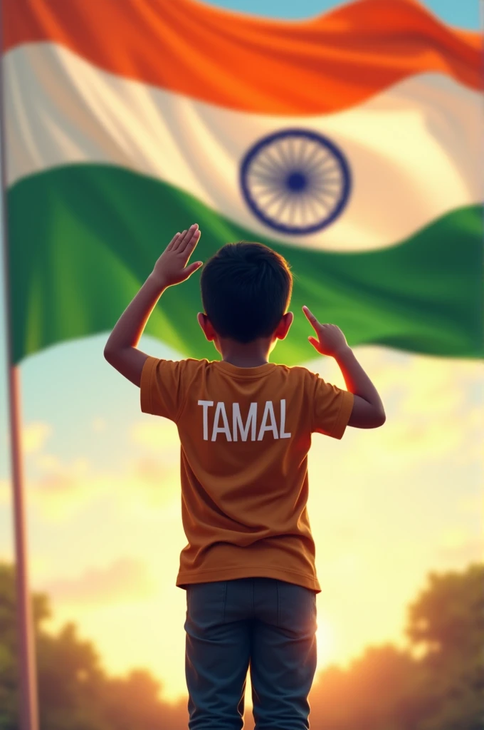 A boy standing back to indian flag and salute
. Back site of his tshirt printed TAMAL