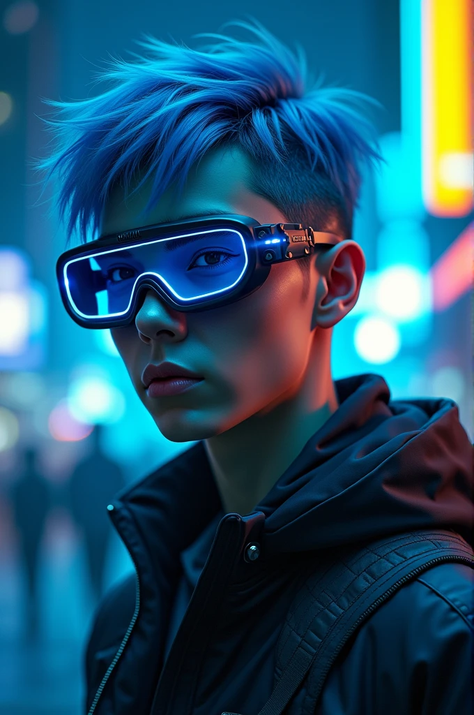 Blue-haired man wearing goggles
