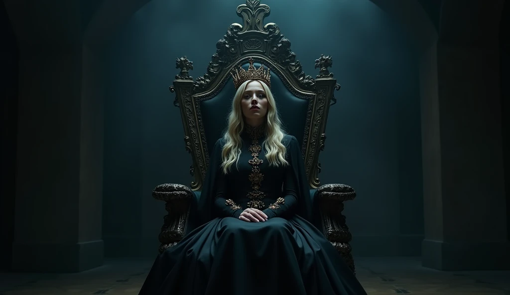 master part, best qualityer, ((centralized)), ((POV expanção)), ((movie scene)), ((1womanl)) with an ((black gown)), ((sitting on a black throne)), portrait of ((Emily Blunt como rainha)), scary (((queen of death)), Cate Blanchett as ((medieval queen on her throne)), ((queen of the underworld)), sitting in a throne, sitting in the throne, diablo 4 queen, (((sitting on intricate throne))), ((sitting on her throne)), dark surroundings, dramatic colors, mix of black and gold, cool blue tones, leve, light background in soft gradient, art of Caravaggio, 8k, Fujifilm, Porta Kodak 400, DOF.