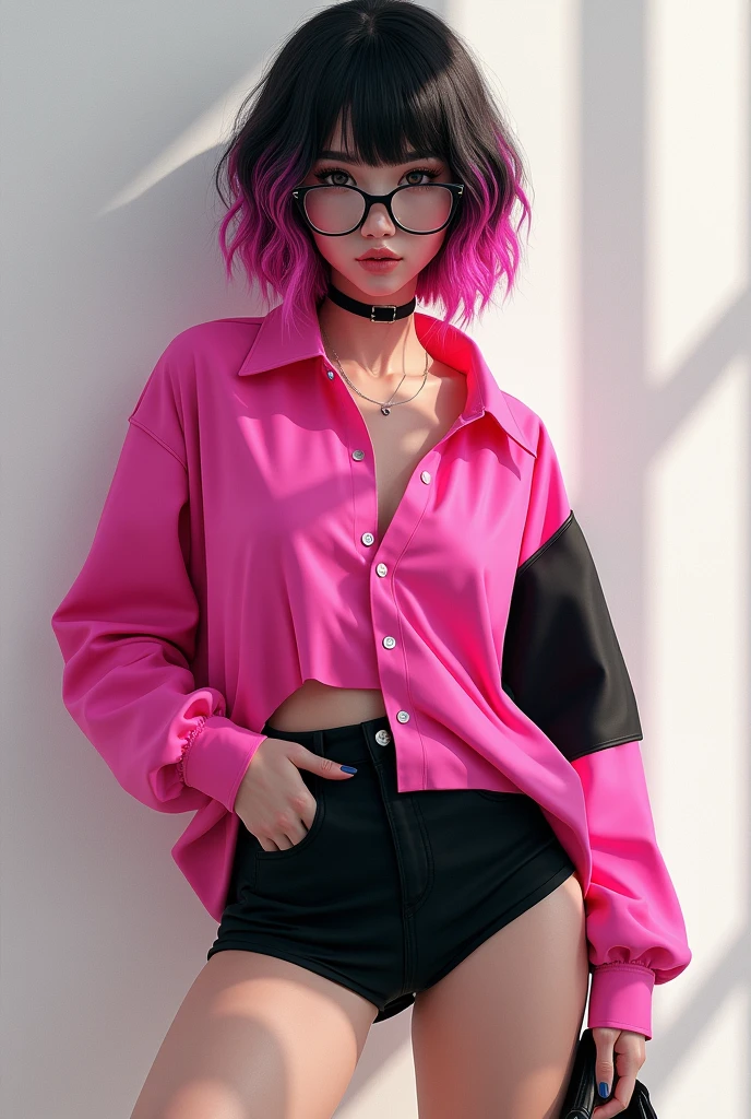 Female character with pink and black hair and a pink and black sized shirt and black shorts with black glasses