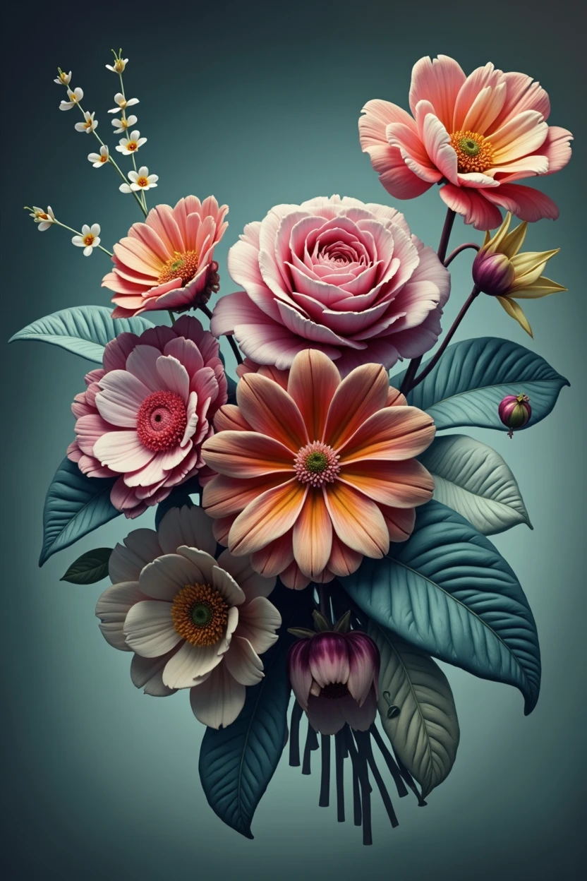 lush bright flowers on a light background, flowers with brightly outlined petals and leaves are gathered in a large bouquet