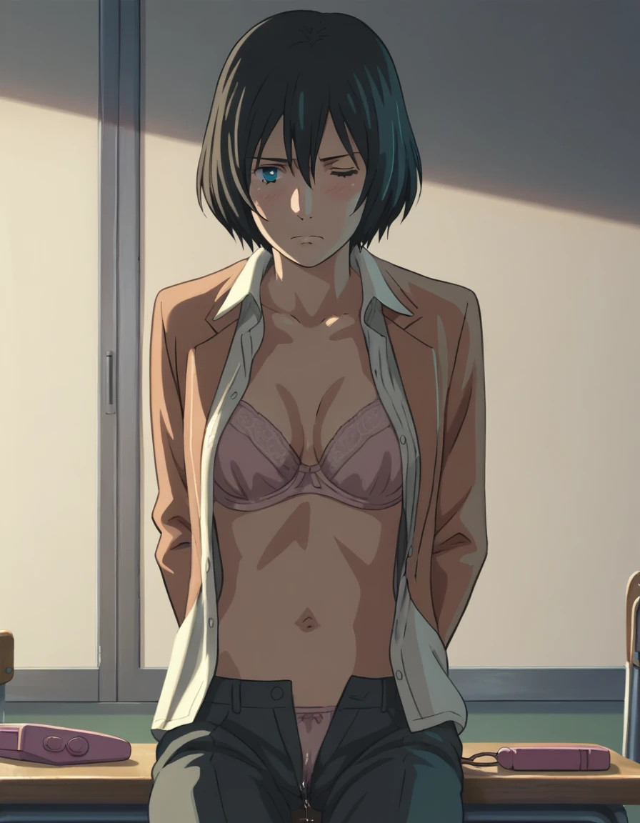 score_9, score_8_up, score_7_up, source_anime,
yukariyukino, yukari yukino, short hair, black hair, detailed blue eyes, hair between eyes,(( perfect eyes )),wince, Perfect face, expressive eyes, frown,
((undress open shirt, bra)), , detailed navel, (undress suit pants),
indoors, school, realistic school, class room,, nsfw, shackles, sitting,, blush,
cowboy shot, looking at viewer, solo, dutch angle, (arms behind back) ,vibrator in panties, pussy juice,