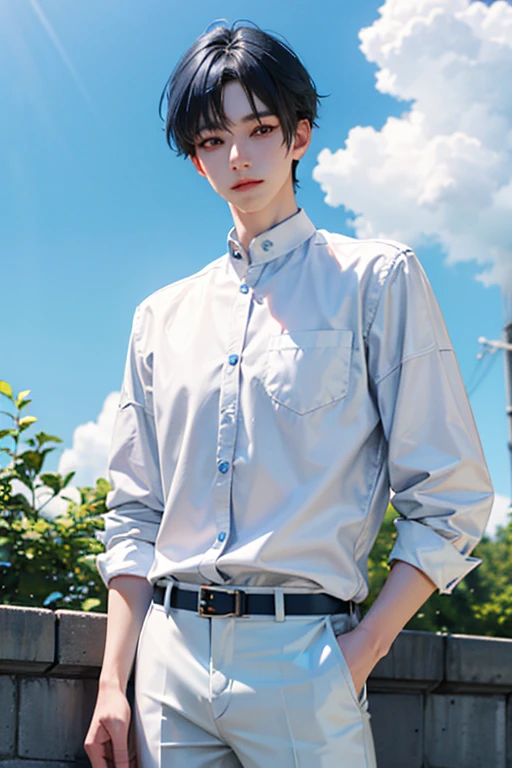 blue hair, White skin, 18 years old, super detail, masterpiece, 8k, 1 boy, korean, amazing, Idol appearance, high quality, Refreshing, high quality, white shirt, black pants, Beautiful androgynous man, boy,, Refreshing, summer, sky blue background, clear, Natural lighting, Fujifilm, Make your eyes look more natural