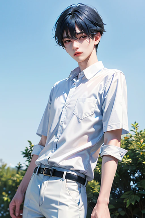 blue hair, White skin, 18 years old, super detail, masterpiece, 8k, 1 boy, korean, amazing, Idol appearance, high quality, Refreshing, high quality, white shirt, black pants, Beautiful androgynous man, boy,, Refreshing, summer, sky blue background, clear, Natural lighting, Fujifilm, Make your eyes look more natural