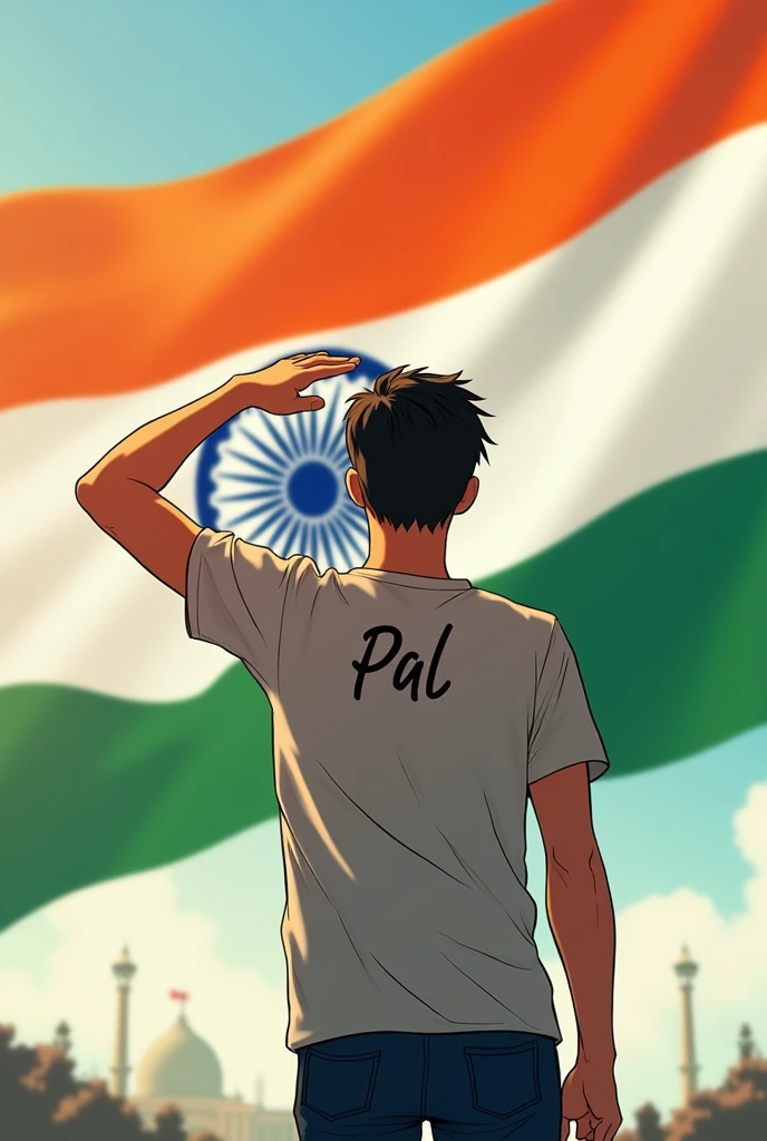 Men saluting the Indian flag, wearing 'Pal' t-shirts, on the 78th Independence Day.only one men  backside
 and look like a anime . This image age is 21 . write a text 78th happy independence day 