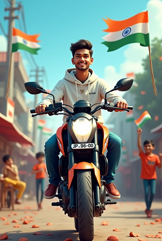 realistic Indian 18 year old boy sitting KTM bike Number UP_96_00 Holding Indian flag and celebrating India festival happy independence day with background of blue sky in Indian Street and boy wearing white hoodie with name"Saurabh" style hair on it by the way childrens are holding Indian flag playinga round, some children also playing, and someuncles drinking tea at a shop. also a text written “Happy independence day”at top, 3D art painting real photowith high