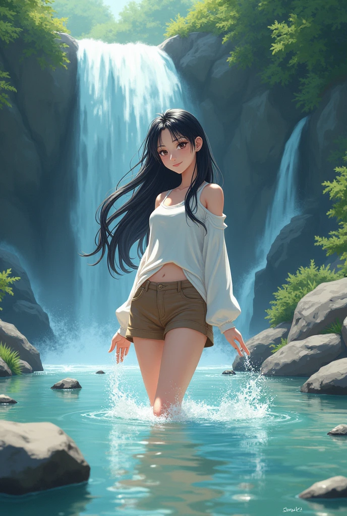 full lebght hiper 4k young woman, and a beautiful, sweet face, black hair, and a beautiful, sweet face, long black hair, in a white top, wearing a white long-sleeved shirt over it and wearing brown shorts, playing in a waterfall, the water is about as deep as the young woman's chest, swimming, the beauty that splashes down from a high cliff, there is a mountain stream, the atmosphere is cool and refreshing, glowing and sparkling, beautiful, oil painting, three-dimensional painting, art painting, Professor Chalermchai