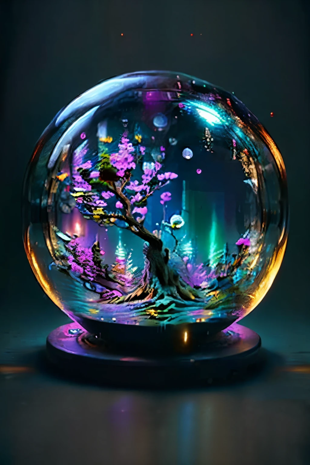 A bonsai tree made of neon light inside of a glass sphere, in the dark, cinematic lighting, colorful vibrant colors, highly detailed, hyper realistic, 8k, photorealistic, masterpiece:1.2,on the bubble