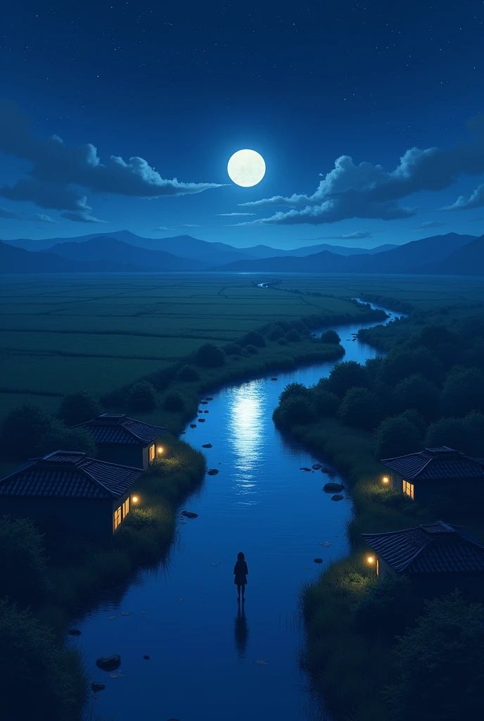 Japanese countryside night view。A vast field spreads out、A meandering river flows through it。The night sky is vividly reflected on the surface of the river.、star々The sparkle of。川沿いには伝統的な日本Home屋が数軒並び、Warm light is coming from the window。Home々The roof is tiled.、A silhouette emerges in the moonlight。The fields are shrouded in darkness、I can see a faint outline。The overall color scheme is a bluish night color.、Home々The yellow lights are scattered。It creates an atmosphere of tranquility and serenity.。
Shooting from the sky。