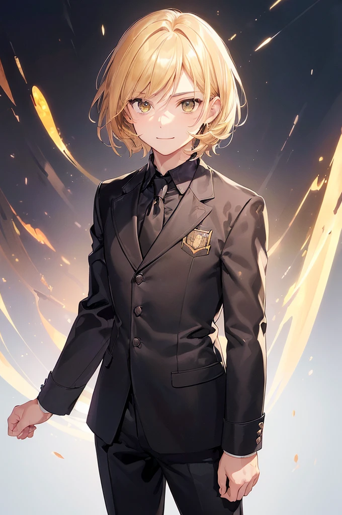 (((masterpiece; best quality: 1.2))), (finely detailed eyes: 1.3), ((1 male teen)), ((solo)), (amber eyes: 1.4), (body shape; lean, masculine, manly: 1.3), (very short blond hair: 1.3), (clear background: 1.2), ((depth of field)), (equipment: school uniform + black jacket + black necktie + white shirt: 1.3), (anime illustration: 1.2), (background composition; public park + day: 1.1), (extremely handsome: 1.1), (shot composition; standing + centered on face + bust close-up: 1.5), (facial expression; calm + smile: 1.2)
